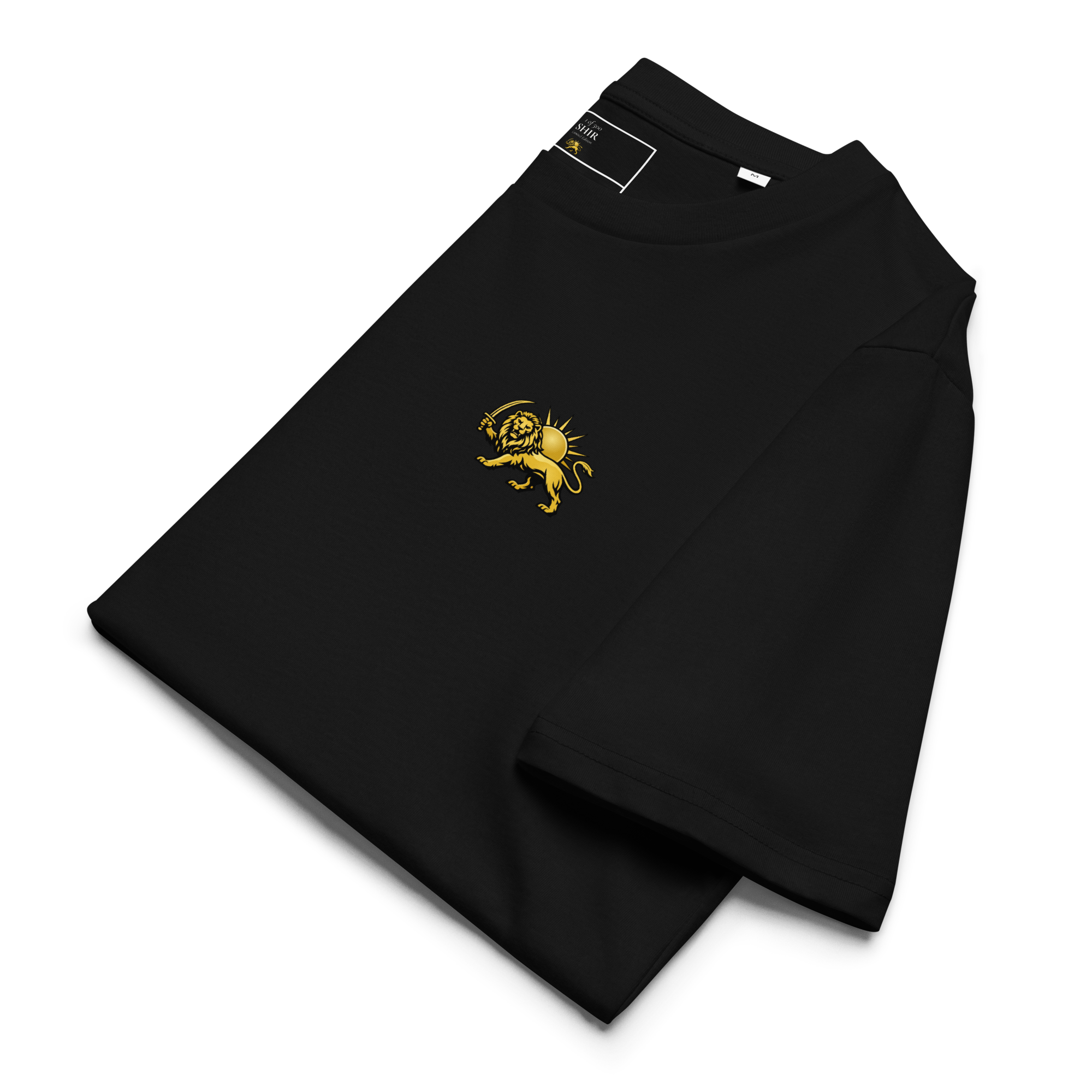 A folded black crewneck sweatshirt with a small yellow embroidered shirokhorshid graphic on the chest.