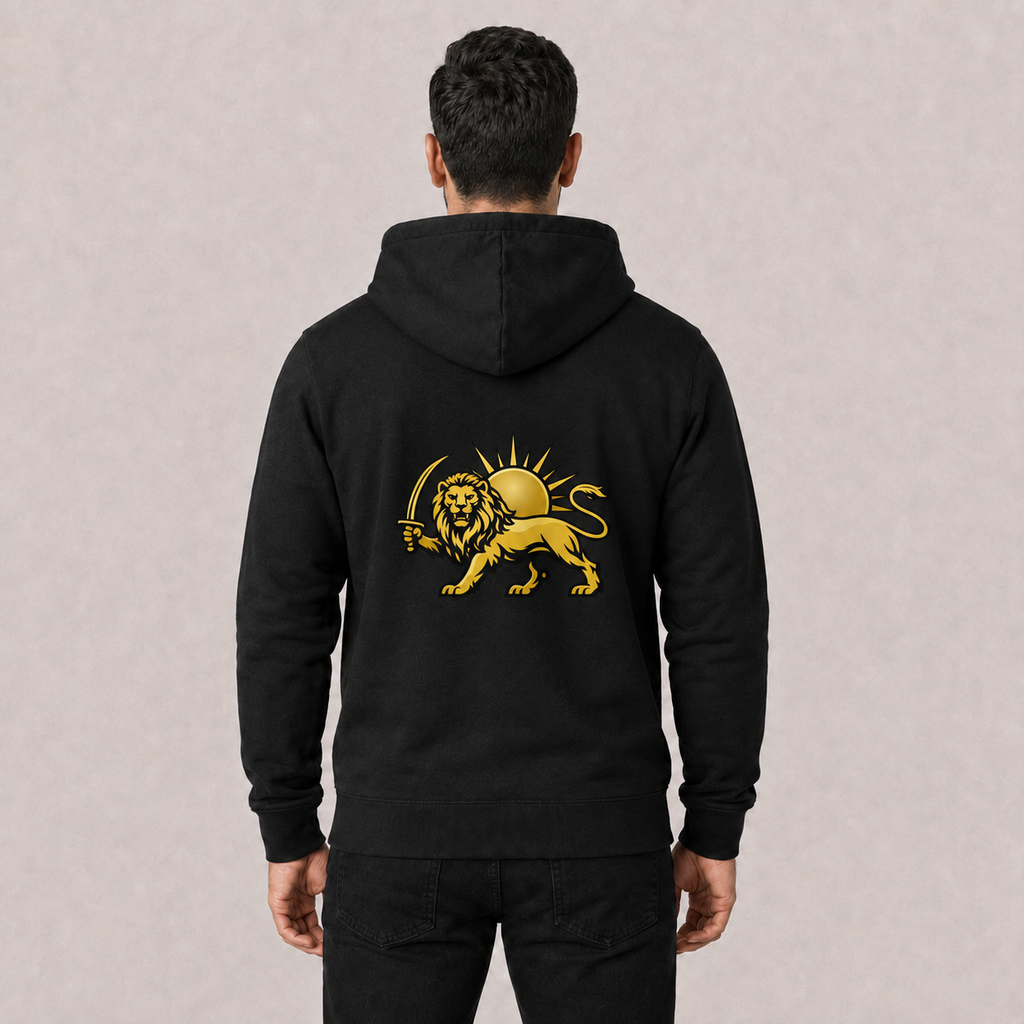 A man viewed from behind wearing a black hoodie with a large golden shirokhorshid persian lion and sun graphic on the back