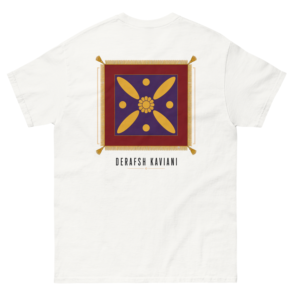 A white short-sleeve t-shirt shown from the back, featuring a large graphic print of a purple and gold flag-like emblem with the text 'DERAFSH KAVIANI' printed below it.