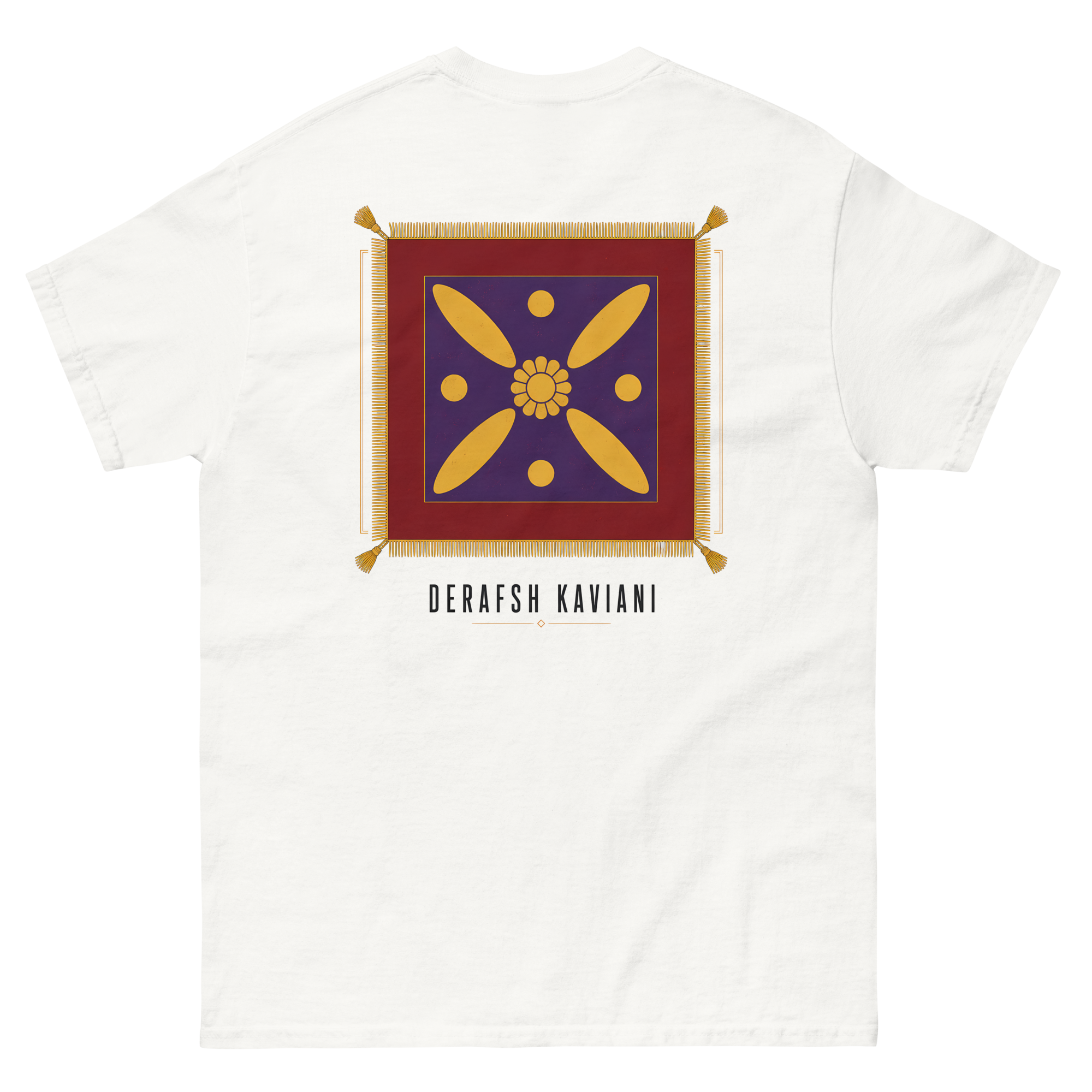 A white short-sleeve t-shirt shown from the back, featuring a large graphic print of a purple and gold flag-like emblem with the text 'DERAFSH KAVIANI' printed below it.