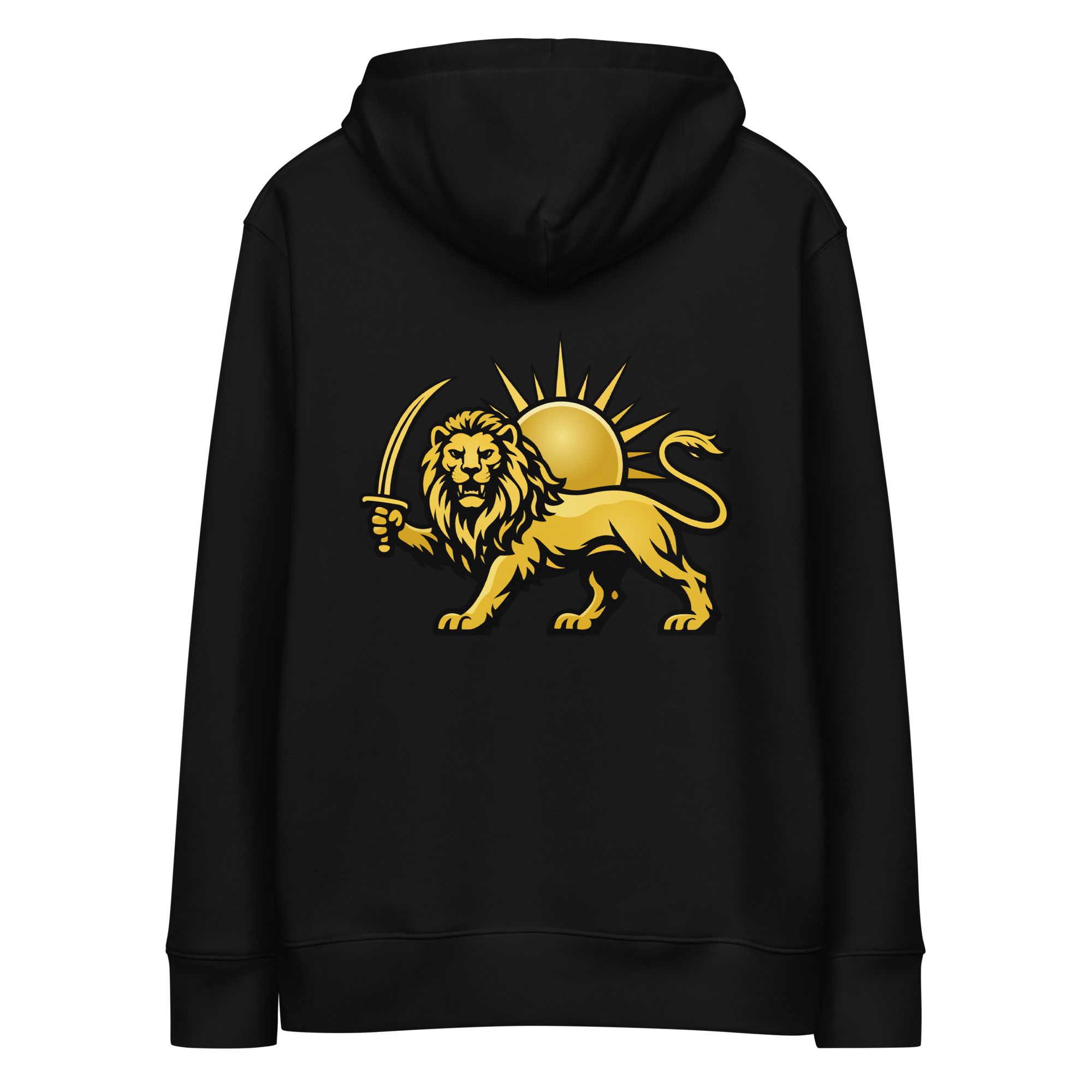 A black pullover hoodie shown from the back, featuring a large golden graphic of a lion holding a sword with a rising sun on the center back.