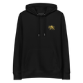 A black pullover hoodie with a small gold lion graphic on the left chest, featuring a kangaroo pocket and drawstrings, shown against a plain white background.