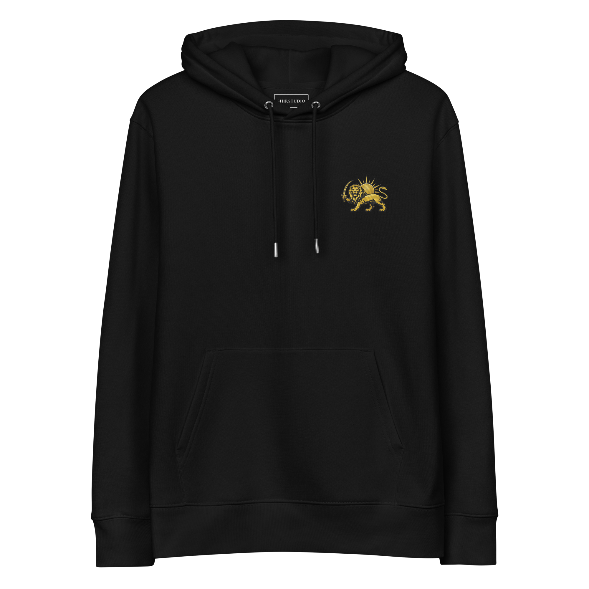 A black pullover hoodie with a small gold lion graphic on the left chest, featuring a kangaroo pocket and drawstrings, shown against a plain white background.